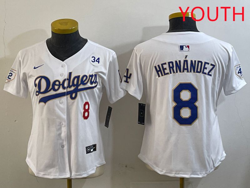Youth Los Angeles Dodgers #8 Hernandez White Gold Game 2025 Nike MLB Jersey style 3->youth mlb jersey->Youth Jersey
